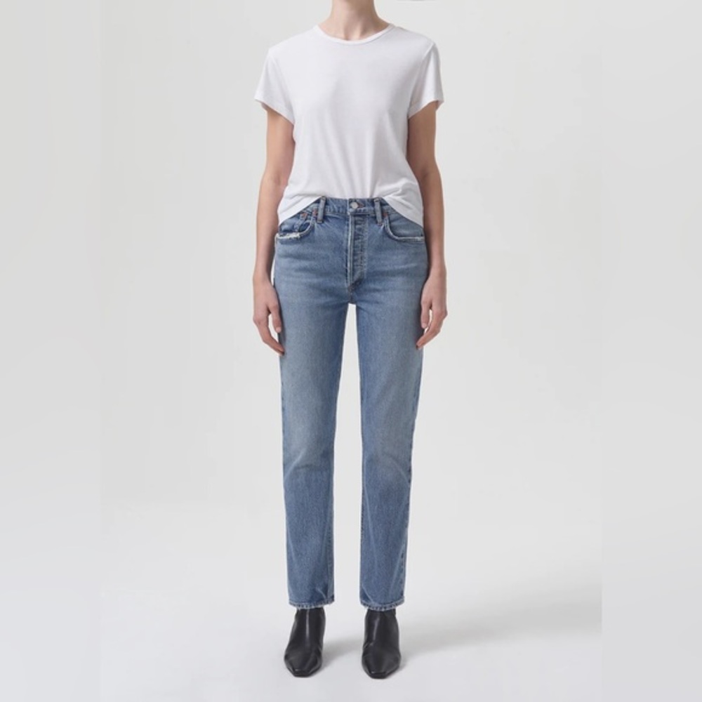 Agolde Riley Long High Rise Button Fly Distressed Hem Straight Leg Jeans 24 - Picture 13 of 16